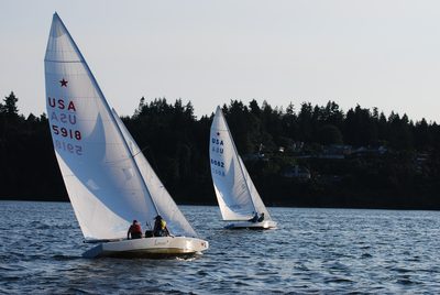 Out in front of at least one boat.